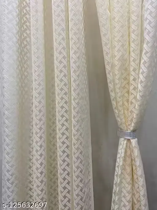 SET OF 2 PIECE OF CREAM COLOR HEAVY CROSS NET CURTAINS FOR DOOR AND WINDOW.